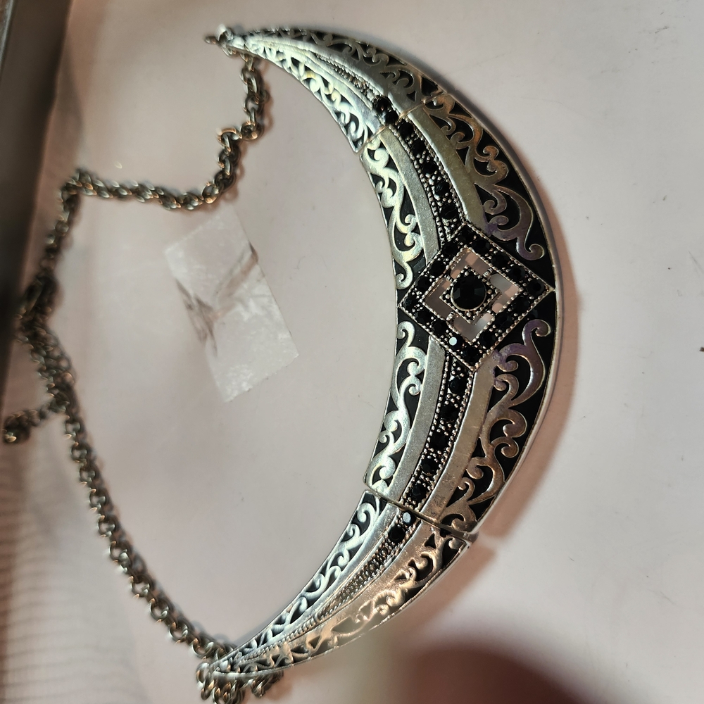 Silver Crescent Filigree Necklace with Black Accents Wore  Riding On My HARLEY